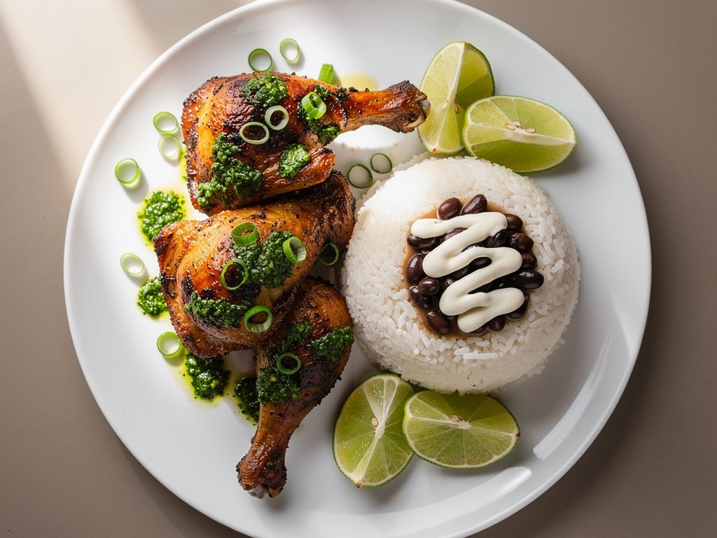 Crispy Pan-Seared Chicken Legs with Scallion Chimichurri and Lime Crema over Black Beans and Rice