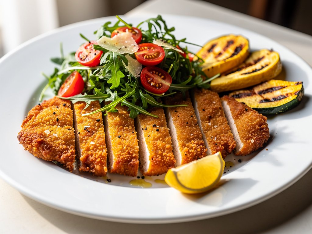Crispy Chicken Milanese with Lemon Arugula Salad and Roasted Yellow Squash