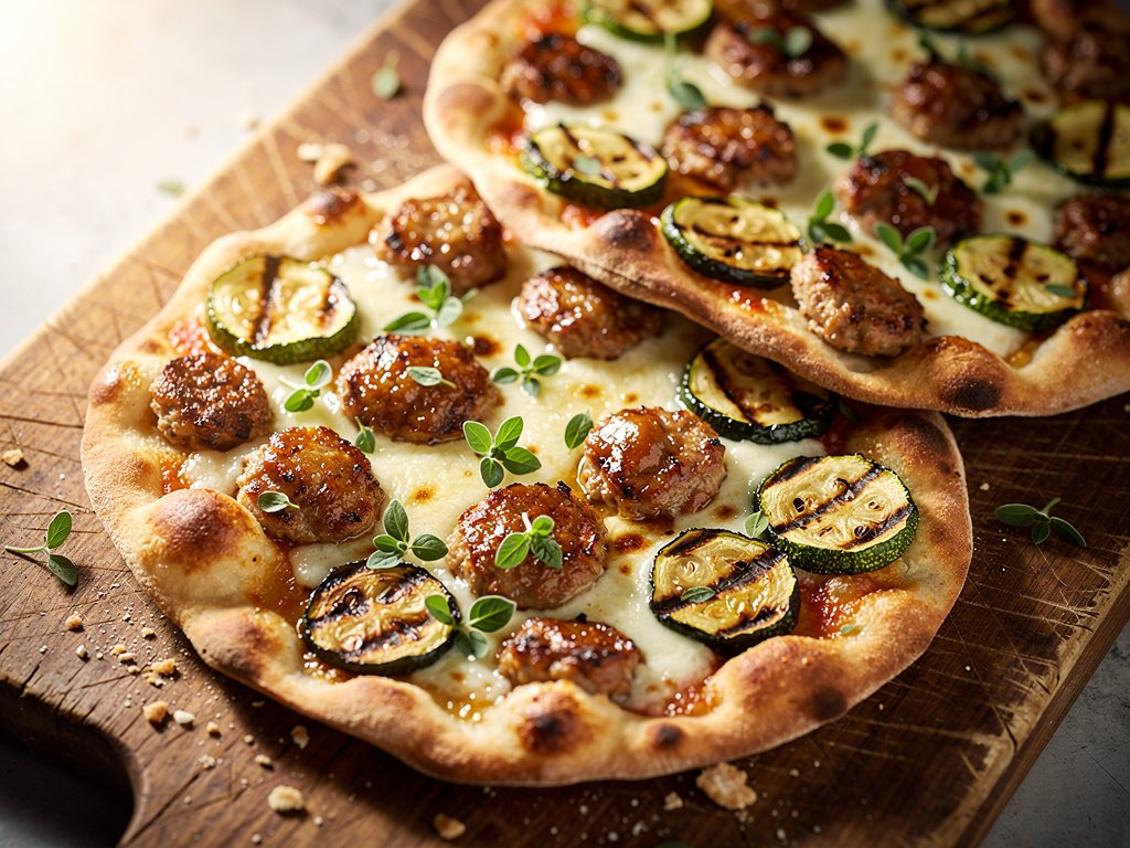 Crispy Chicken Sausage Flatbreads with Broiled Zucchini and Oregano