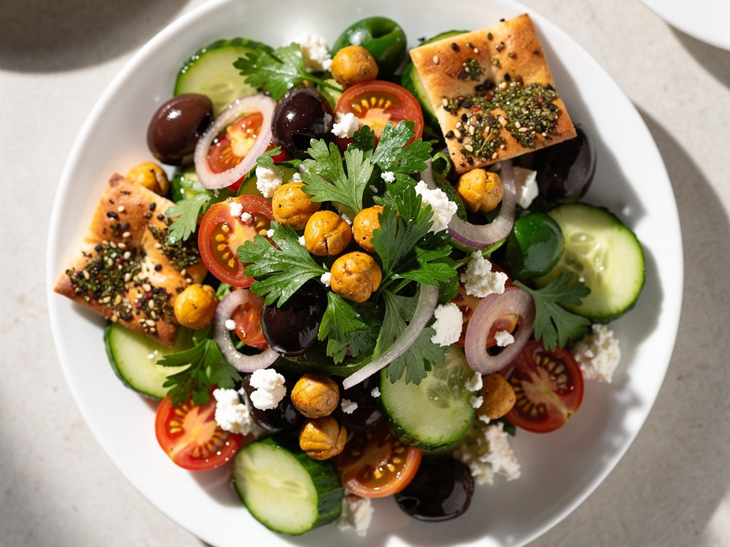 Crispy Chickpea Fattoush Salad with Za'atar Pita and Garlic Oil