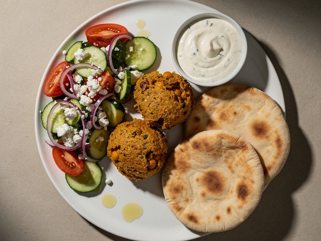 Crispy Chickpea Fritters with Greek Salad and Garlic Sauce