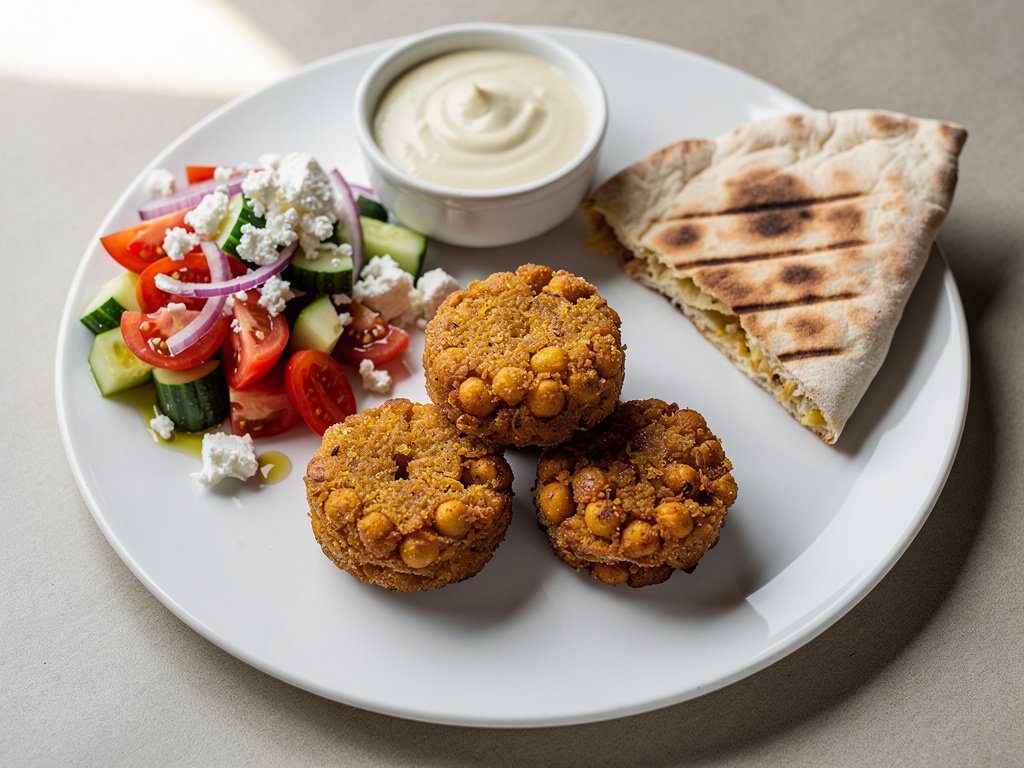 Crispy Chickpea Fritters with Greek Salad and Garlic Sauce