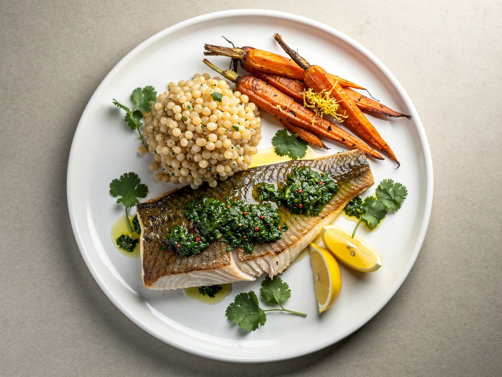Crispy Chimichurri Barramundi with Lemony Carrots and Garlic Herb Couscous