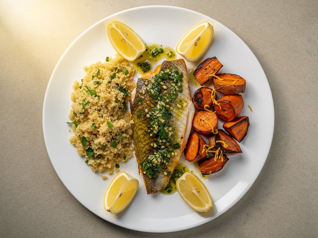 Crispy Chimichurri Barramundi with Lemony Carrots and Garlic Herb Couscous