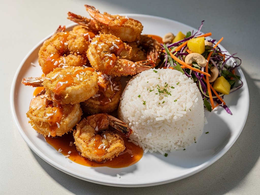 Crispy Coconut Tempura Shrimp with Tropical Slaw and Lime Rice