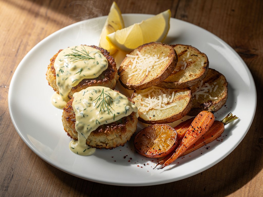 Crispy Crab Cakes with Lemon Dill Sauce, Garlic Parmesan Potatoes, and Roasted Carrots
