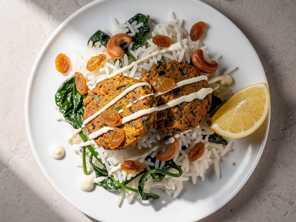Crispy Curried Chickpea Fritters with Spinach Rice Pilaf and Pickled Raisins