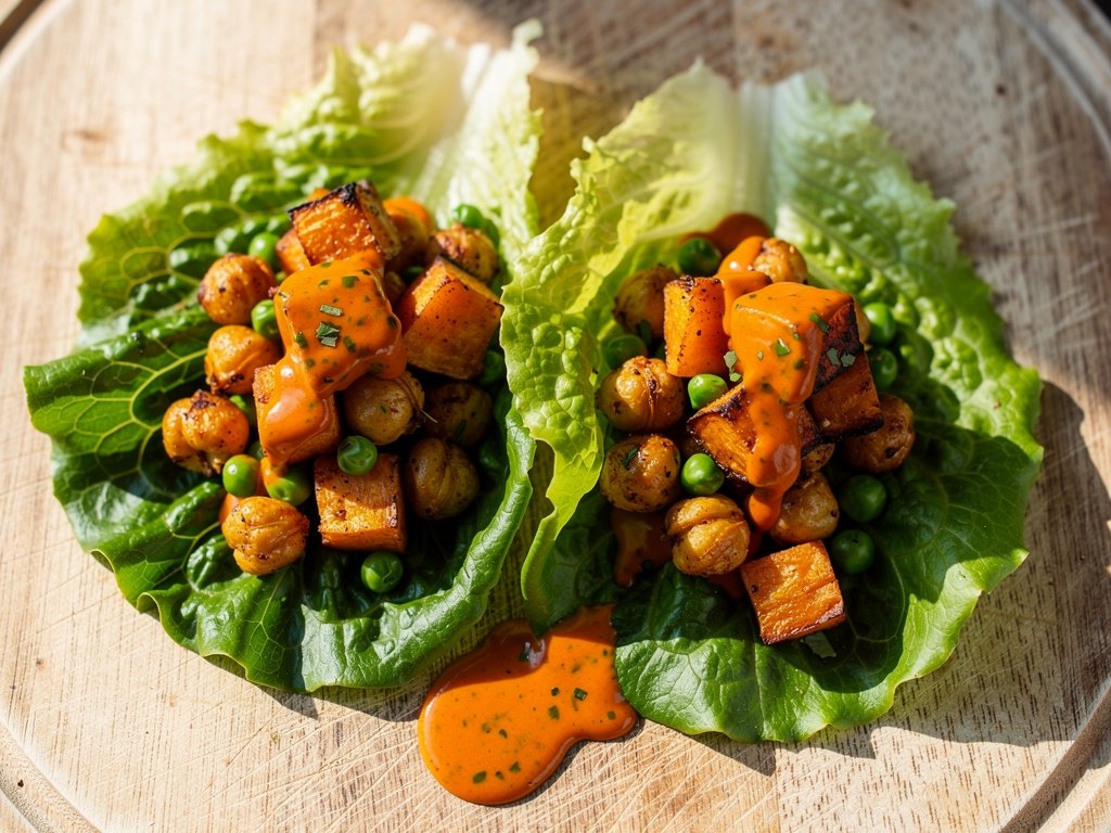 Crispy Curried Chickpea Lettuce Wraps with Roasted Sweet Potato and Red Pepper Cilantro Sauce