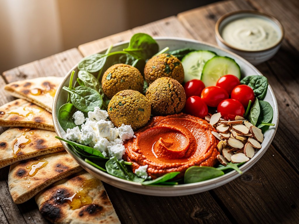 Crispy Falafel Bowls with Creamy Garlic Dressing and Toasted Pita