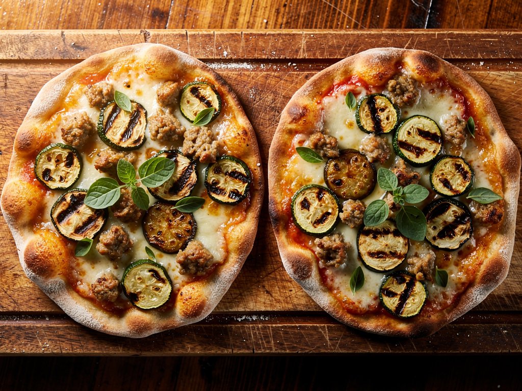 Crispy Flatbread Pizzas with Chicken Sausage, Zucchini, and Fresh Oregano