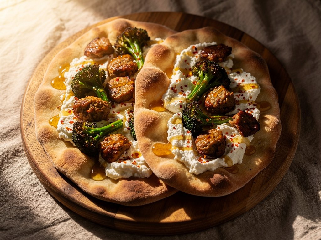 Crispy Flatbreads with Spiced Chicken Sausage, Roasted Broccoli & Ricotta