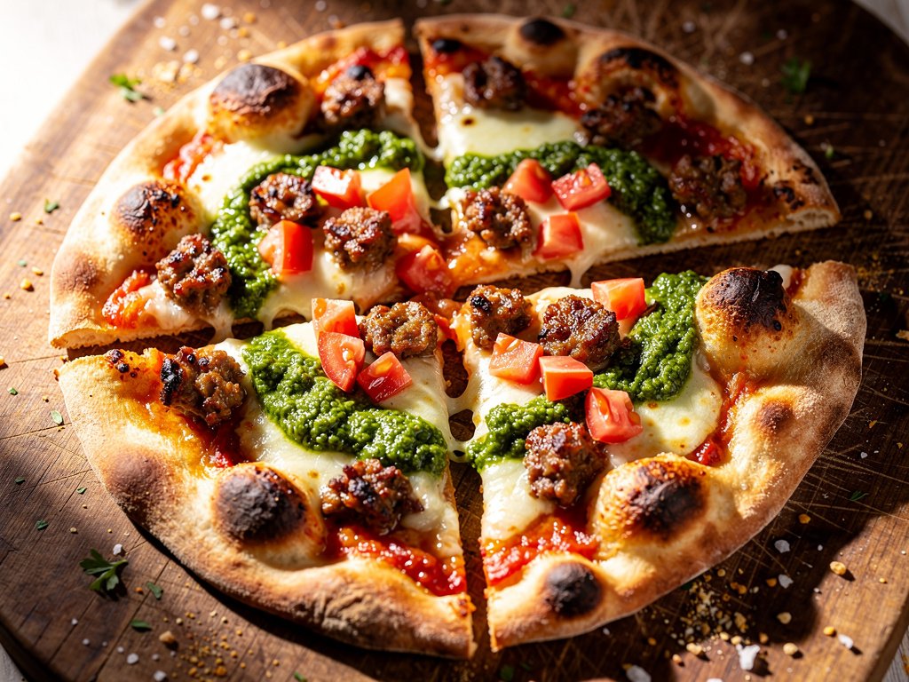 Crispy Flatbreads with Italian Sausage, Tomato, and Pesto