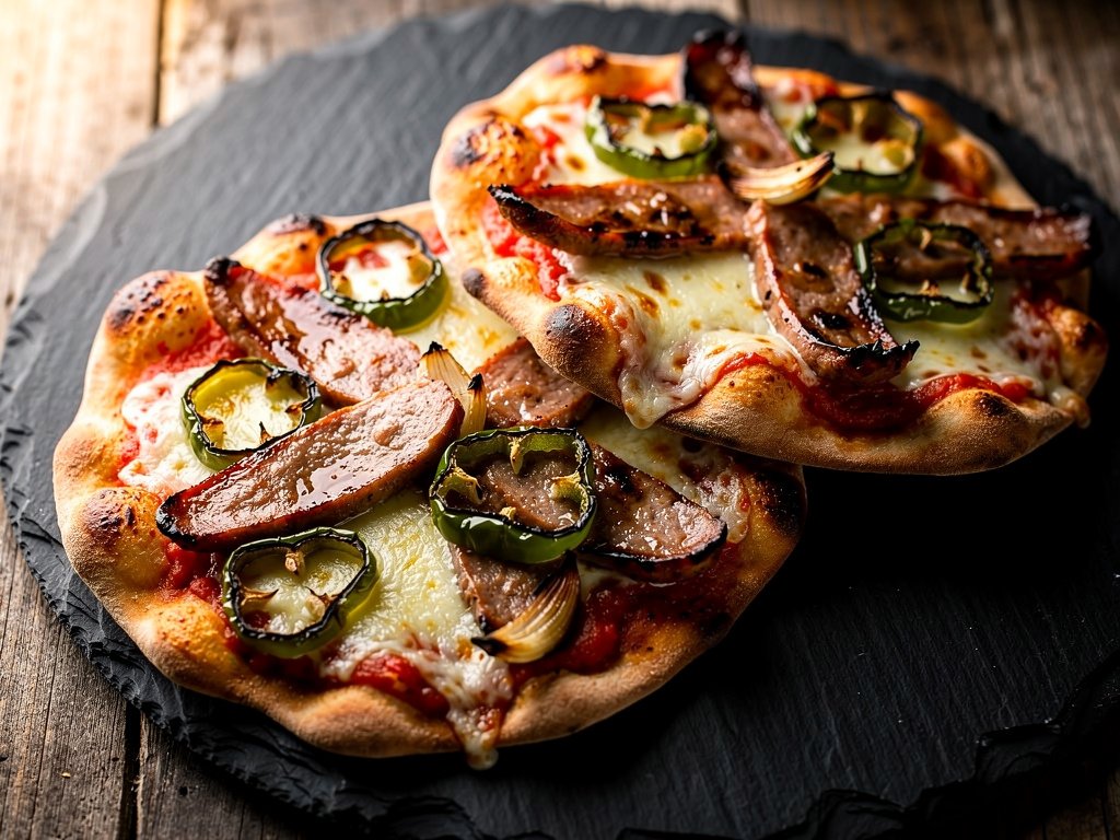 Crispy Flatbreads with Roasted Sausage, Peppers, and Two Cheeses