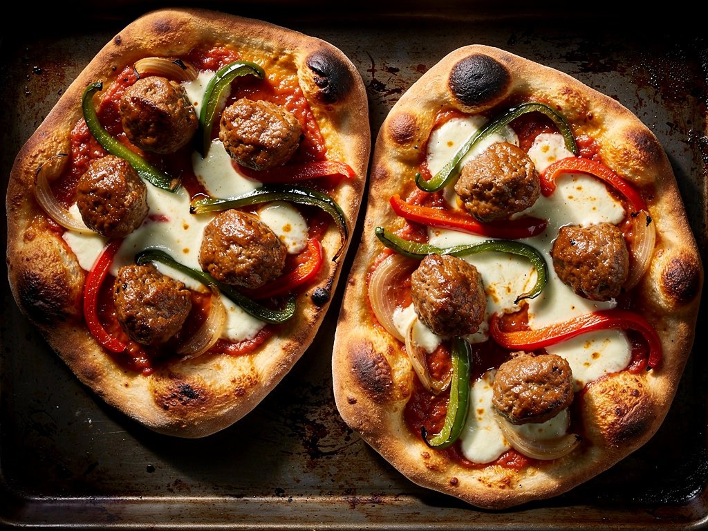 Crispy Flatbreads with Turkey Meatballs, Roasted Peppers, and Mozzarella