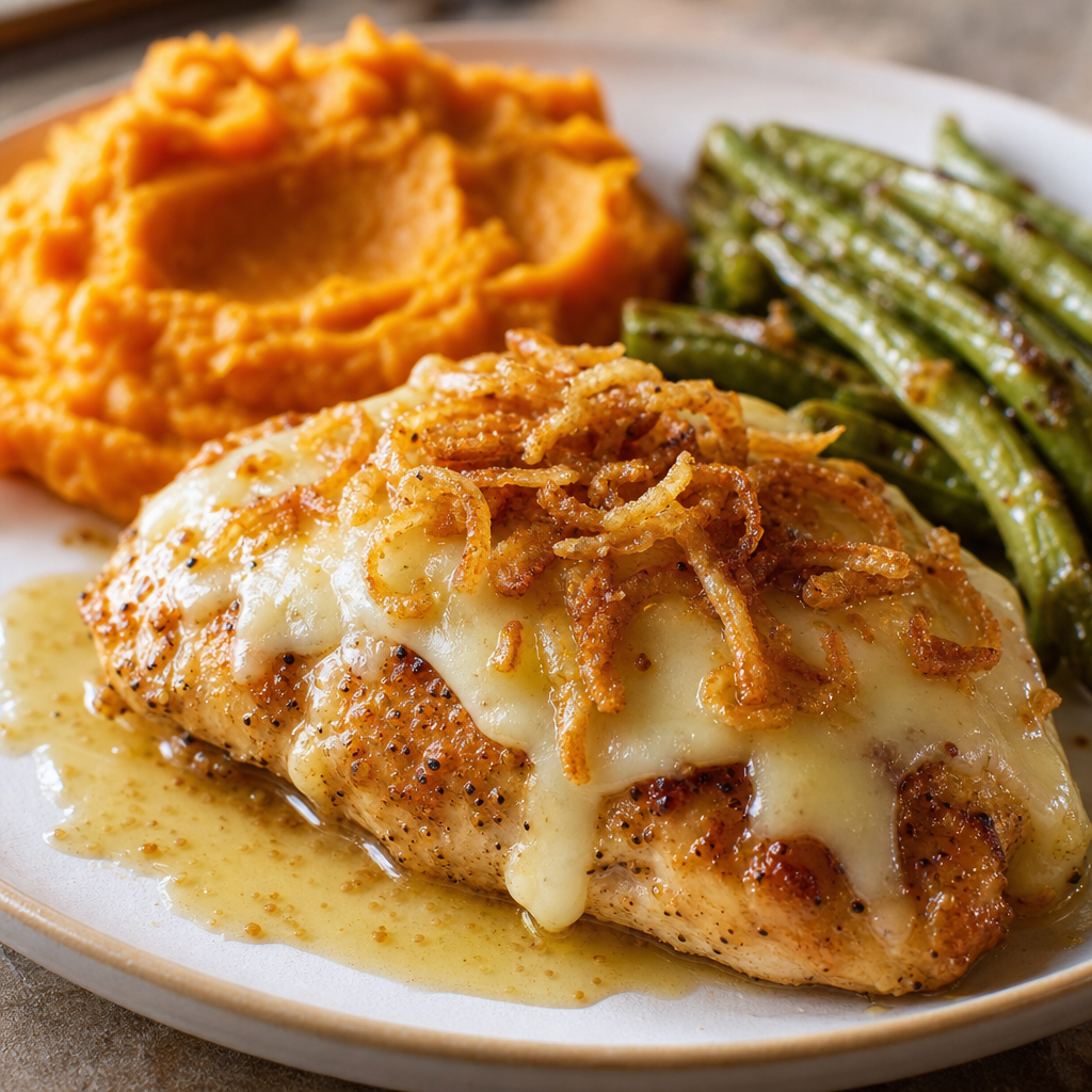 Crispy Fried Onion Monterey Jack Chicken with Sweet Potato Mash