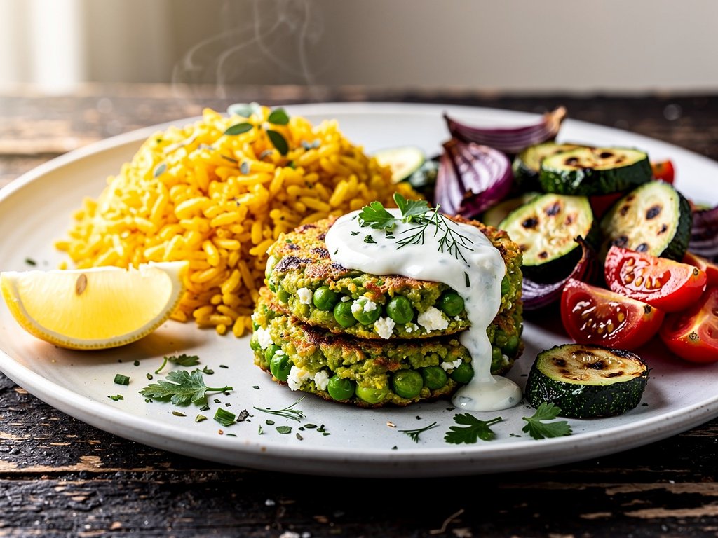 Crispy Green Pea and Feta Patties with Turmeric Rice and Garlic Lemon Sauce