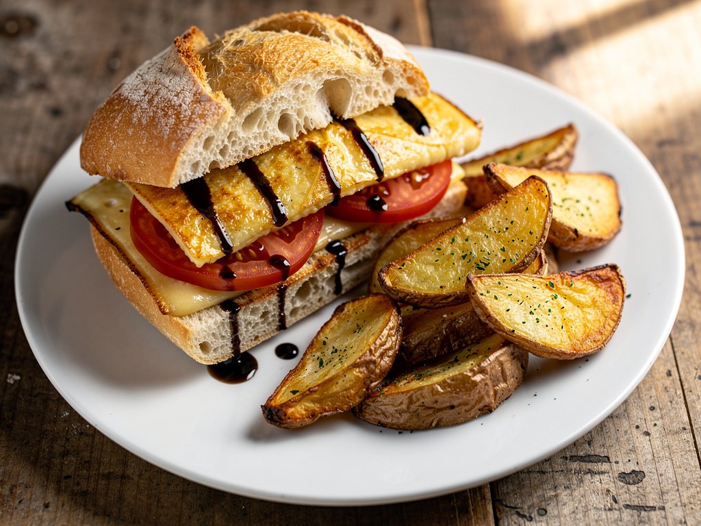 Crispy Grilled Cheese Sandwiches with Pesto, Tomato, and Balsamic Glaze