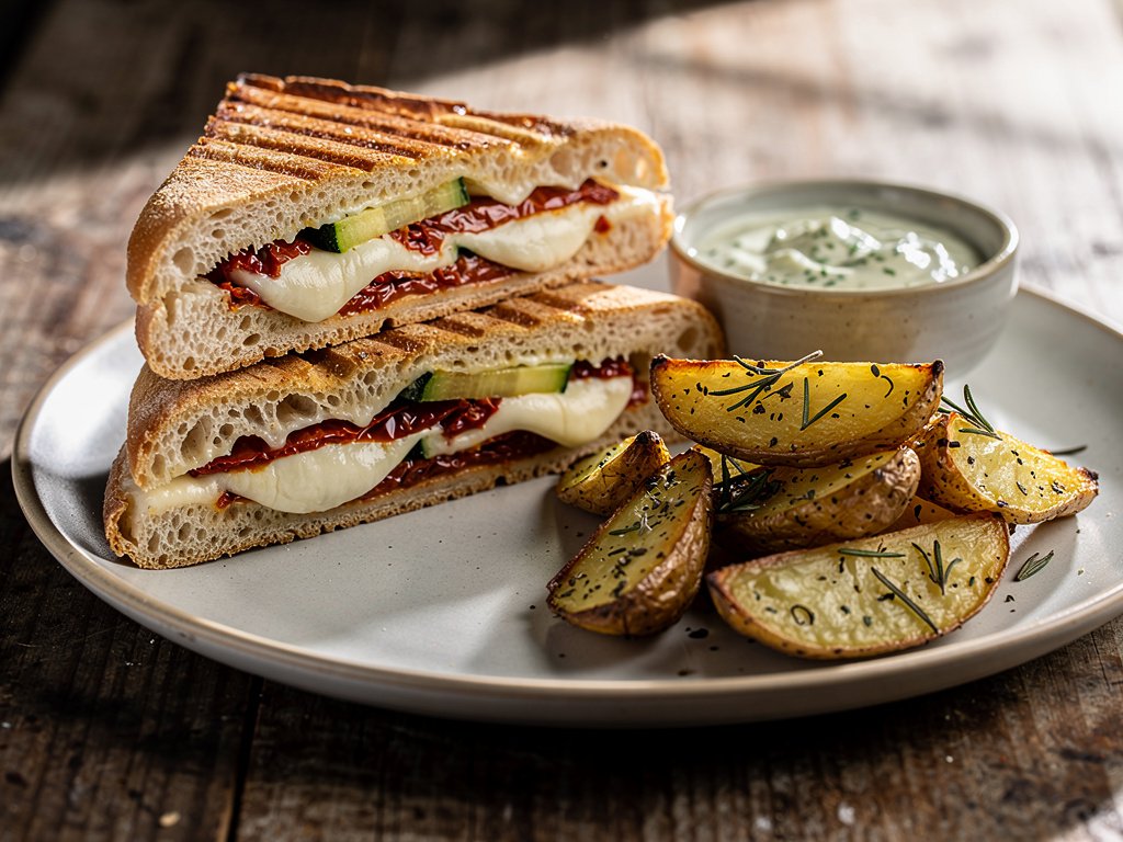 Crispy Grilled Zucchini Mozzarella Panini with Herb Sauce and Roasted Potato Wedges