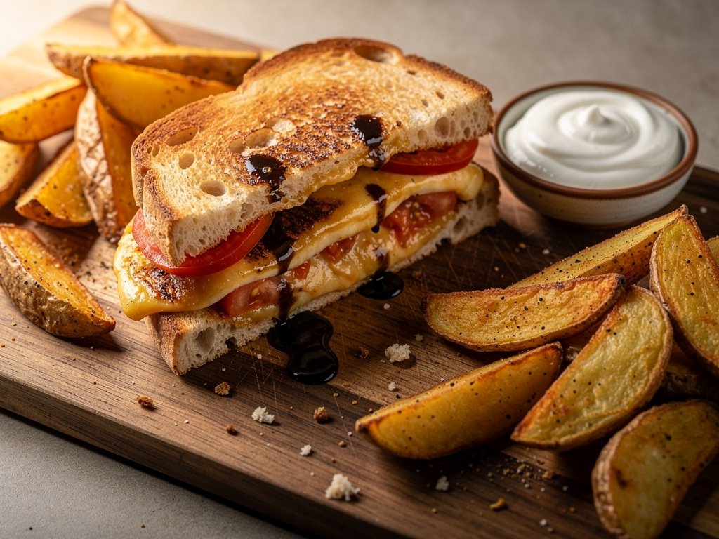 Crispy Grilling Cheese Sandwiches with Tomato, Balsamic Glaze, and Potato Wedges