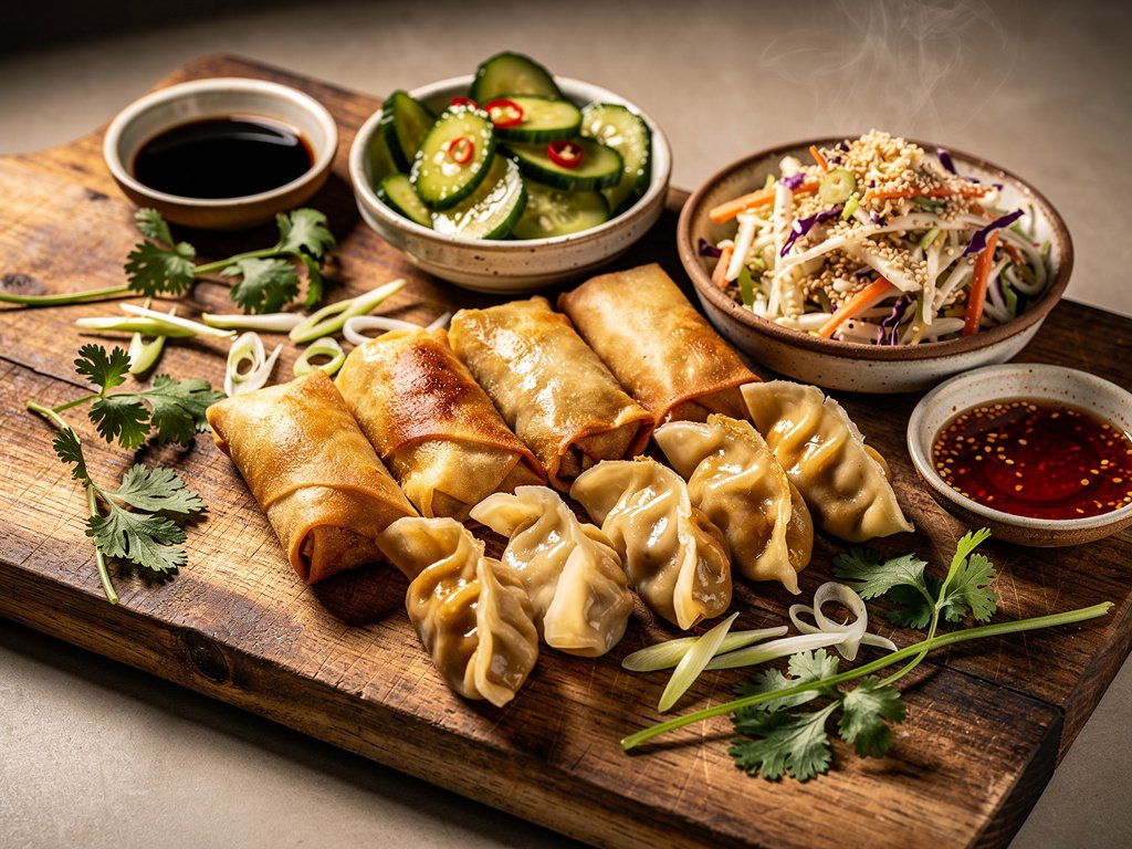Crispy Gyoza and Spring Roll Board with Pickled Cucumber and Sesame Slaw