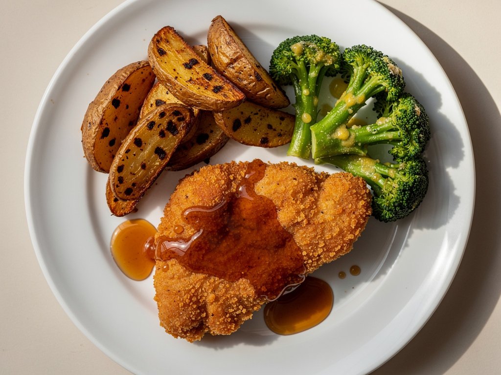 Crispy Hot Honey Chicken with BBQ Potatoes and Buttery Broccoli