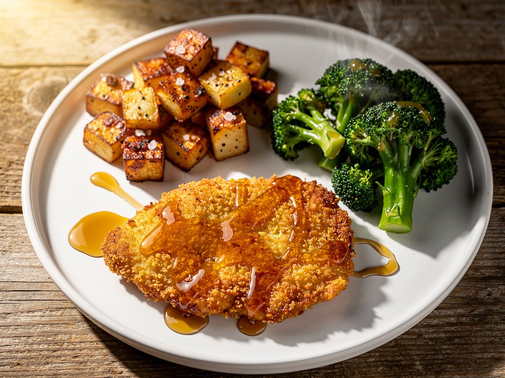 Crispy Hot Honey Chicken with BBQ Potatoes and Buttery Broccoli