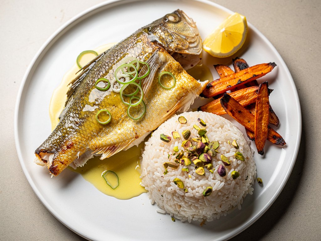 Crispy Lemon Butter Barramundi with Pistachio Rice and Chili-Roasted Carrots
