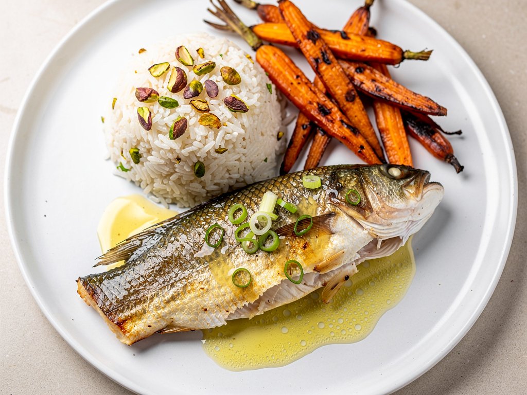 Crispy Lemon Butter Barramundi with Pistachio Rice and Chili-Roasted Carrots
