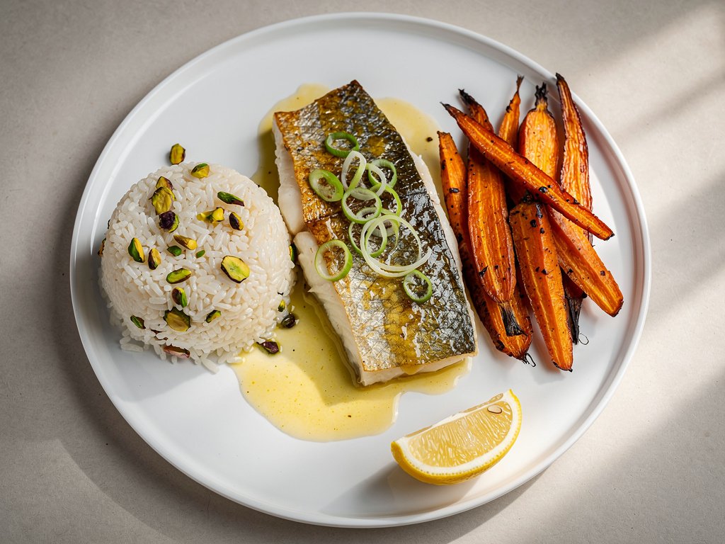 Crispy Lemon Butter Sea Bass with Pistachio Rice and Chili-Roasted Carrots