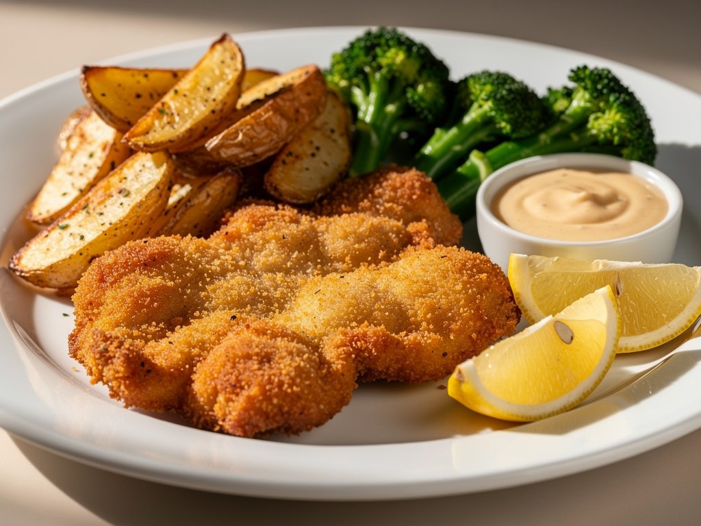 Crispy Lemon Garlic Chicken Schnitzel with Creamy Honey Dijon Dipping Sauce