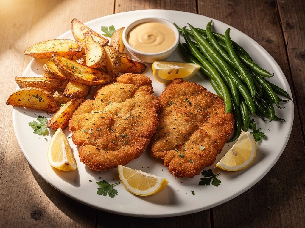 Crispy Lemon Garlic Chicken Schnitzel with Honey Dijon Sauce and Roasted Potatoes