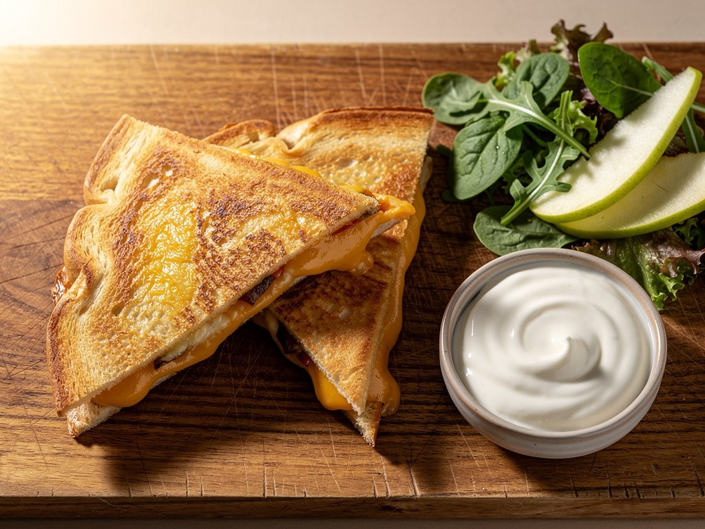 Crispy Mushroom and Cheddar Tortilla Melts with Caramelized Onion and Apple Salad