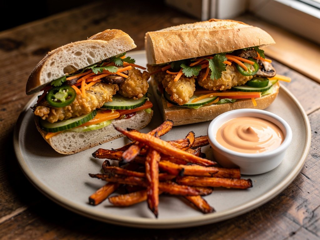 Crispy Mushroom Tempura Banh Mi with Pickled Veggies and Sriracha Mayo