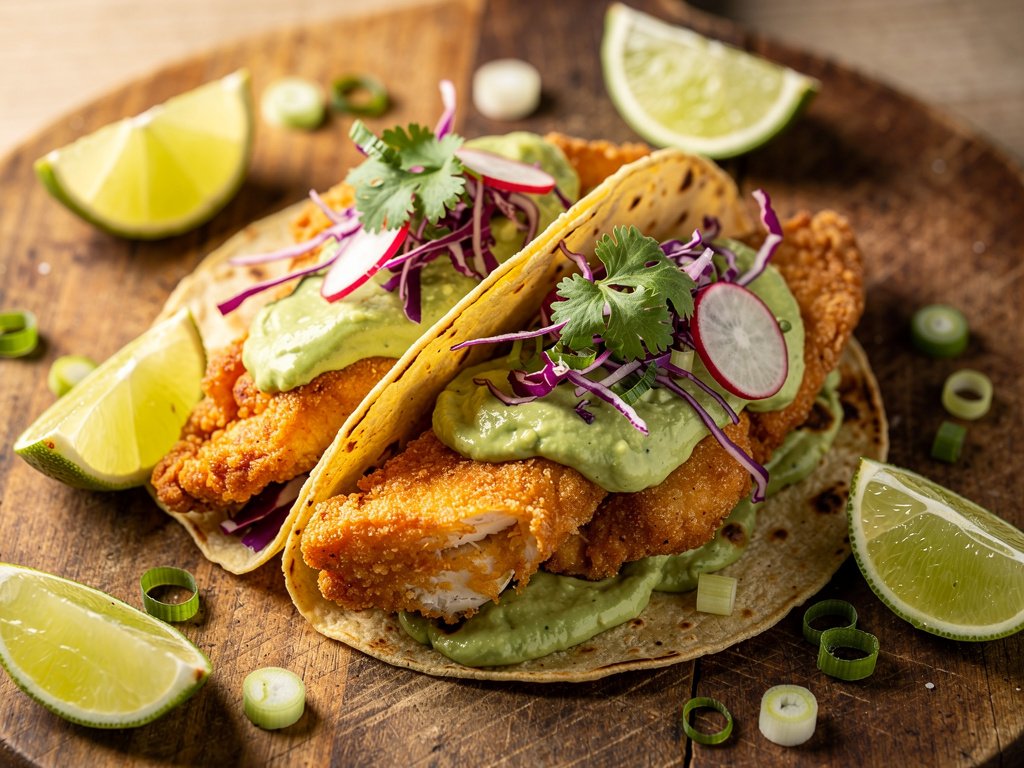 Crispy Old Bay Fish Tacos with Avocado Crema and Cabbage Slaw