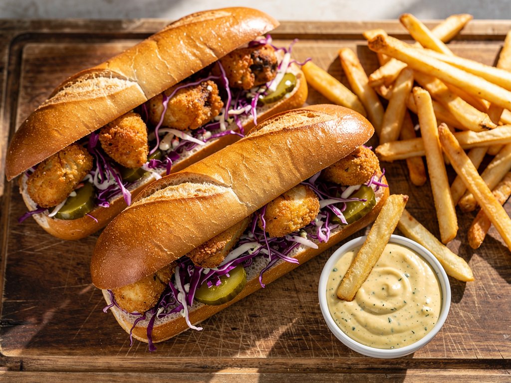Crispy Old Bay Mushroom Po' Boys with Spicy Remoulade and Oven Fries