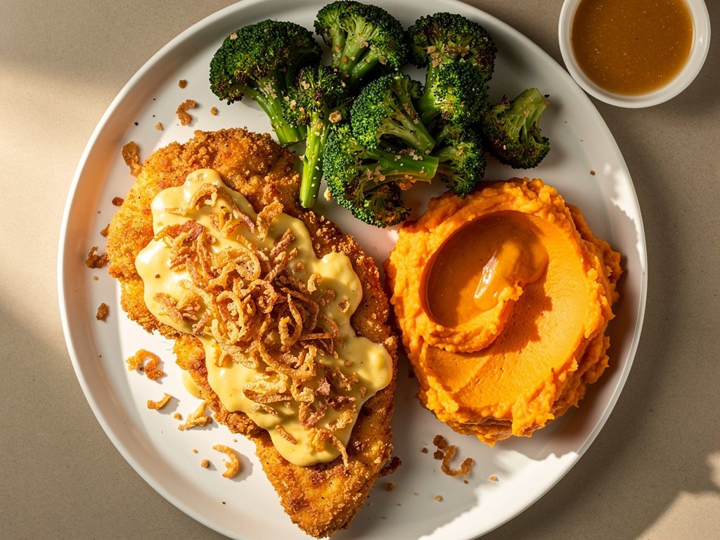 Crispy Onion-Crusted Chicken with Mashed Sweet Potatoes and Roasted Broccoli
