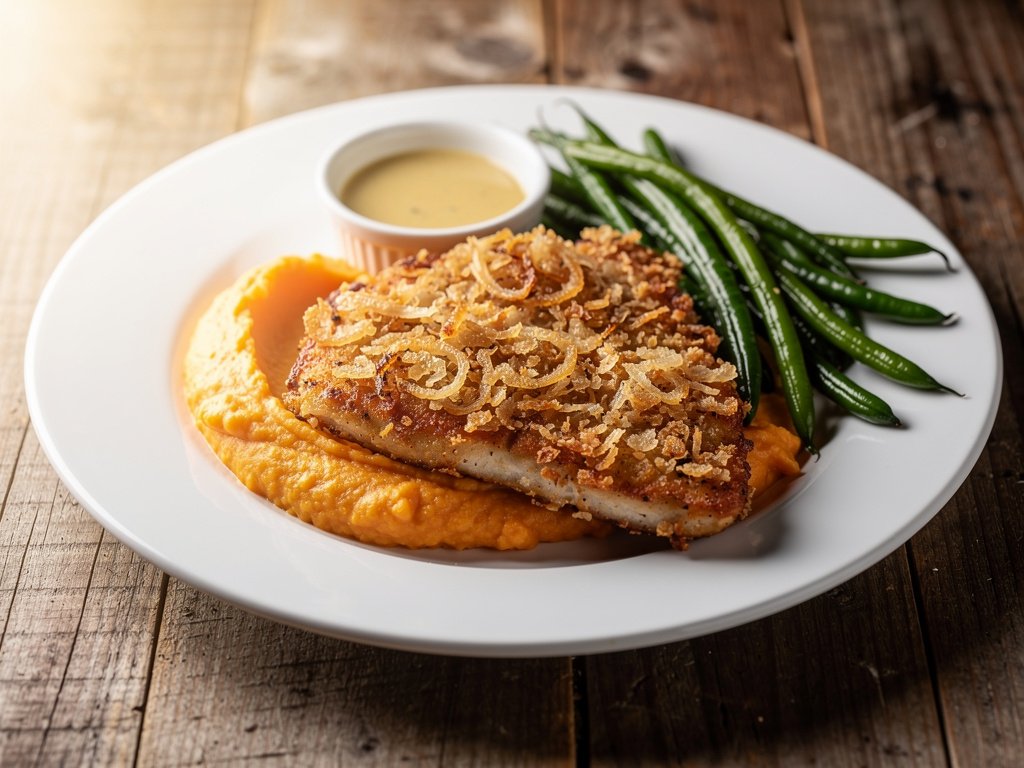 Crispy Onion-Crusted Chicken with Mashed Sweet Potatoes and Honey Dijon Green Beans