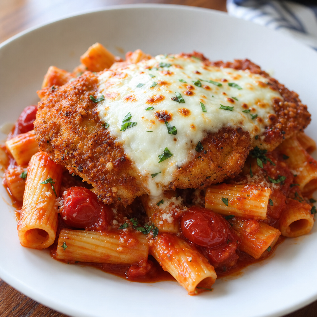 Crispy Oven Chicken Parmesan with Rigatoni and Fresh Mozzarella