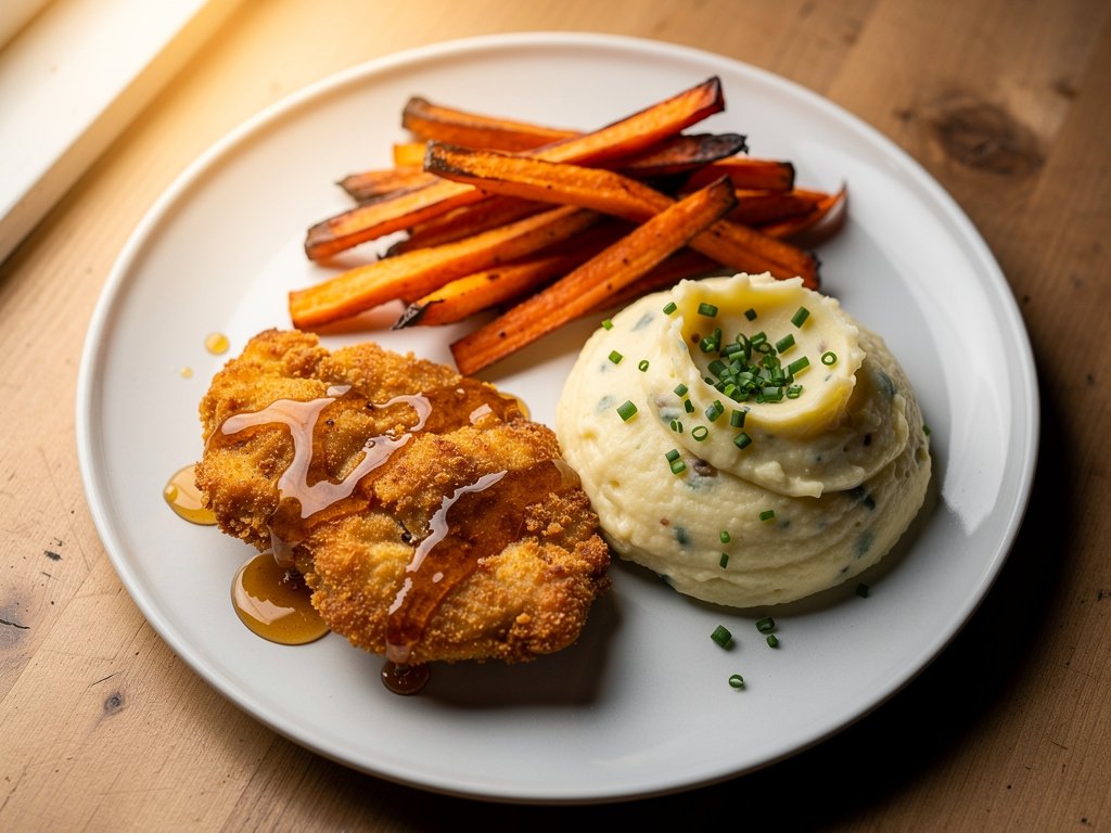 Crispy Pan-Fried Chicken with Hot Honey, Carrot Fries, and Chive Mashed Potatoes