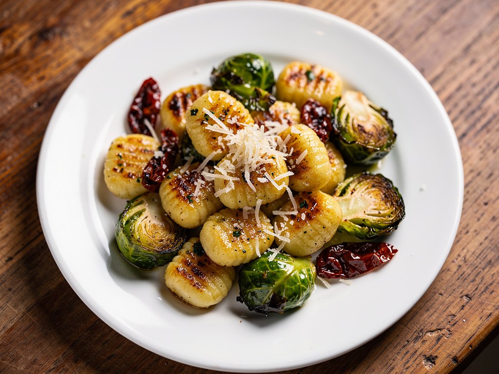 Crispy Pan-Fried Gnocchi with Brussels Sprouts and Sun-Dried Tomatoes