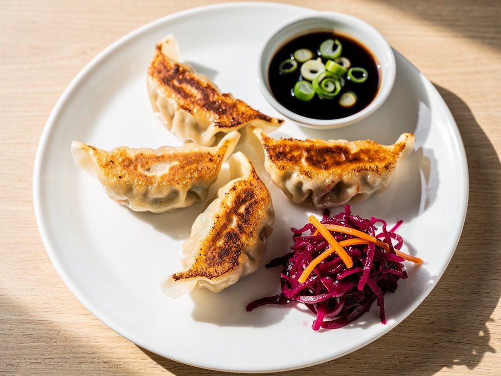 Crispy Pan-Fried Pork Dumplings with Quick Pickled Veggie Salad and Soy Dipping Sauce