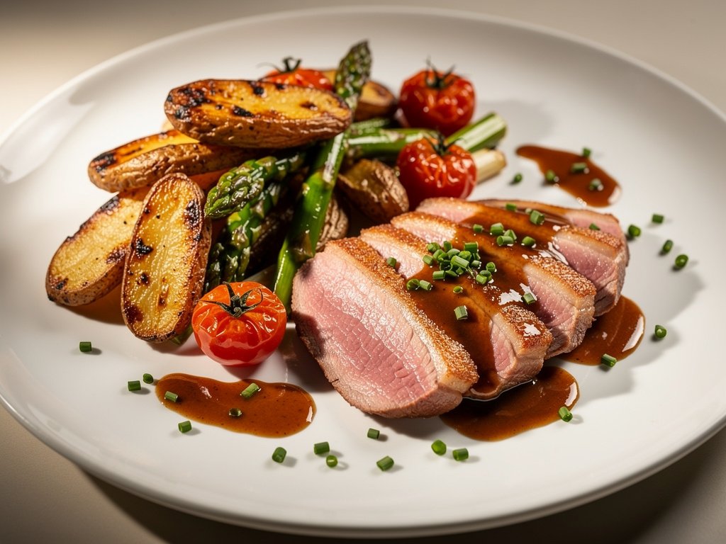 Crispy Pan-Seared Duck Breast with Duck-Fat Potatoes and Asparagus