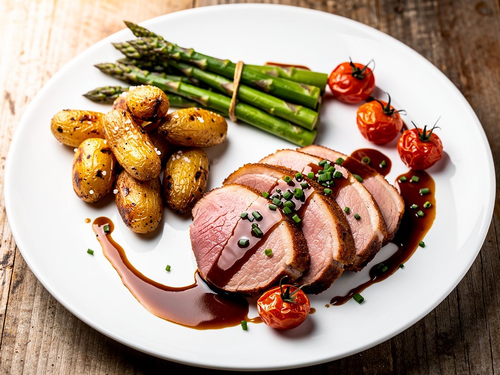 Crispy Pan-Seared Duck Breast with Duck-Fat Potatoes and Asparagus