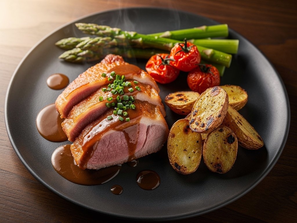 Crispy Pan-Seared Duck Breast with Duck-Fat Potatoes and Asparagus