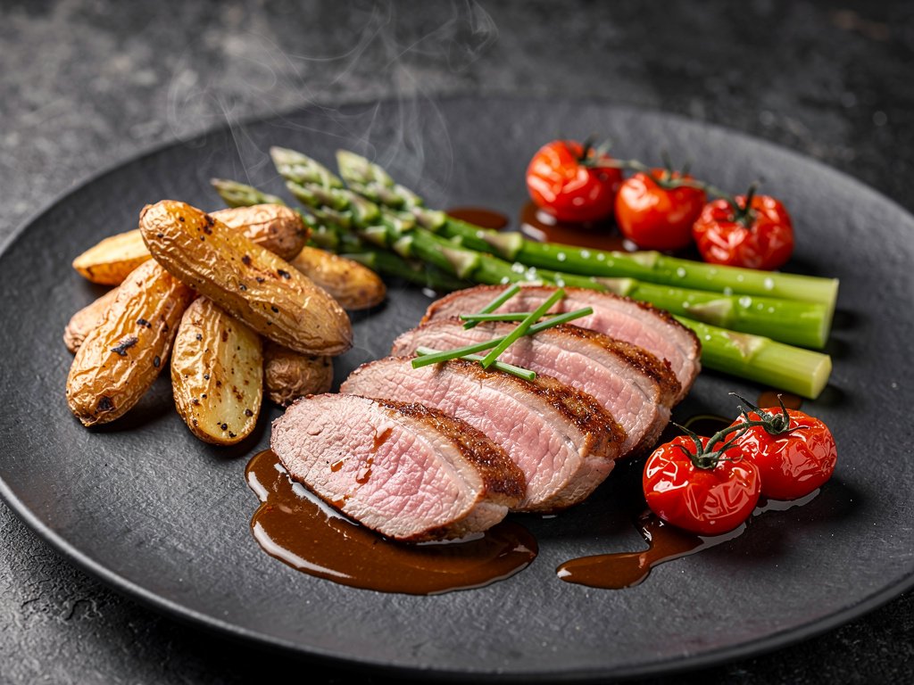 Crispy Pan-Seared Duck Breast with Duck-Fat Potatoes and Asparagus