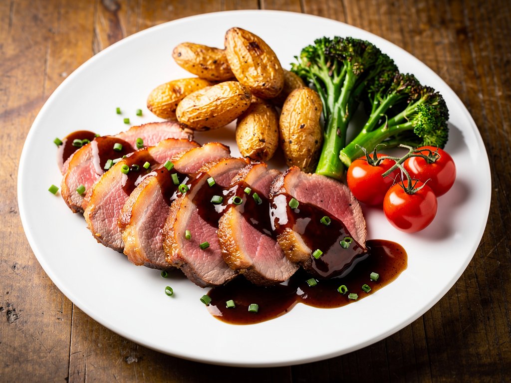 Crispy Pan-Seared Duck Breasts with Duck-Fat Potatoes and Baby Broccoli