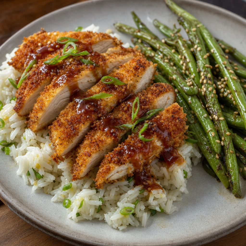 Crispy Panko Chicken Cutlets with Ginger Rice and Sesame Green Beans