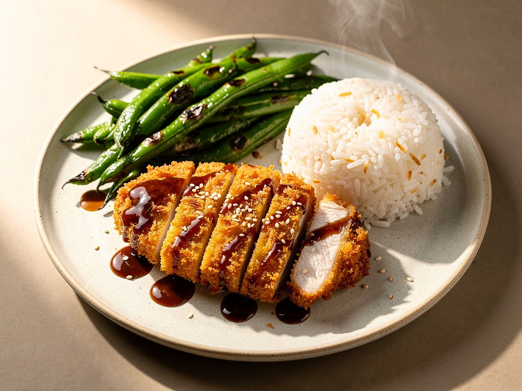 Crispy Panko Chicken Katsu with Ginger Rice and Roasted Green Beans