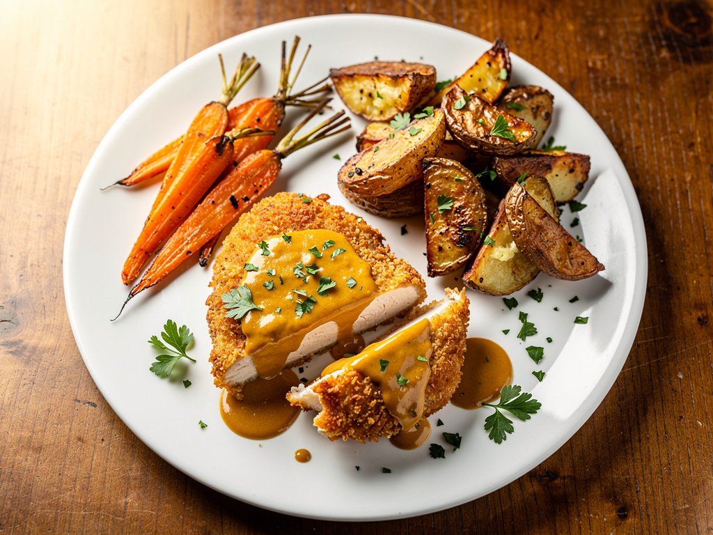 Crispy Panko Chicken with Maple Mustard Sauce and Roasted Vegetables