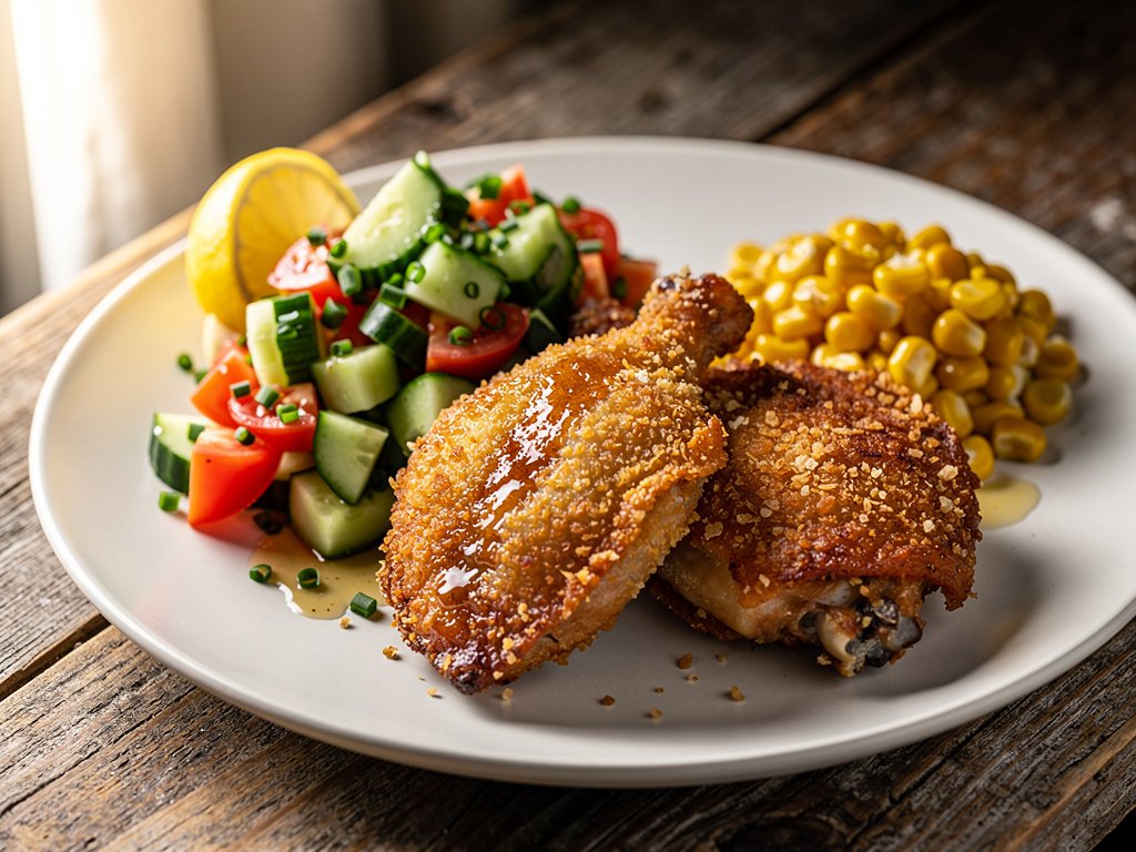 Crispy Panko Chicken Thighs with Cucumber Tomato Salad and Brown Butter Corn